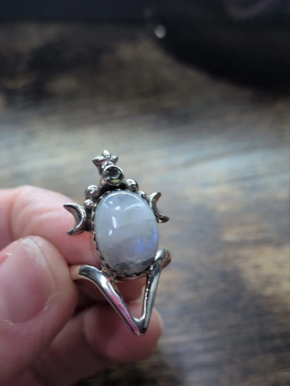 Silver Moonstone and Peridot Statement Ring - Moonlight Glow